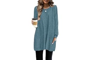 WNEEDU Long Sleeve Shirts for Women Long Tunic Tops with Legging Light Sweaters Dress with Pockets 2025 Trendy