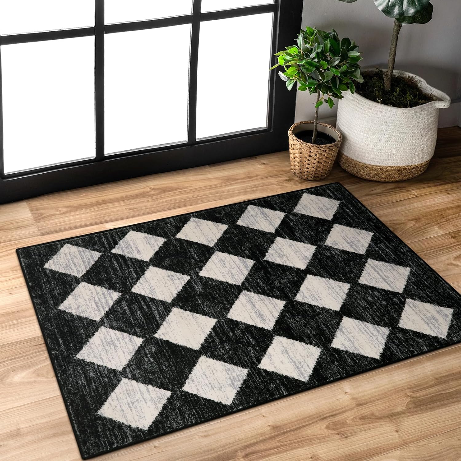 Rugs, Pads & Protectors - Lahome Moroccan Trellis Area Rug - 2x3 Printed Small Black Checkered Entryway Rug Non Slip Kitchen Mat, Stain Resistance Indoor Modern Floor Soft Throw Carpet for Front Door Bathroom Sink Bedroom