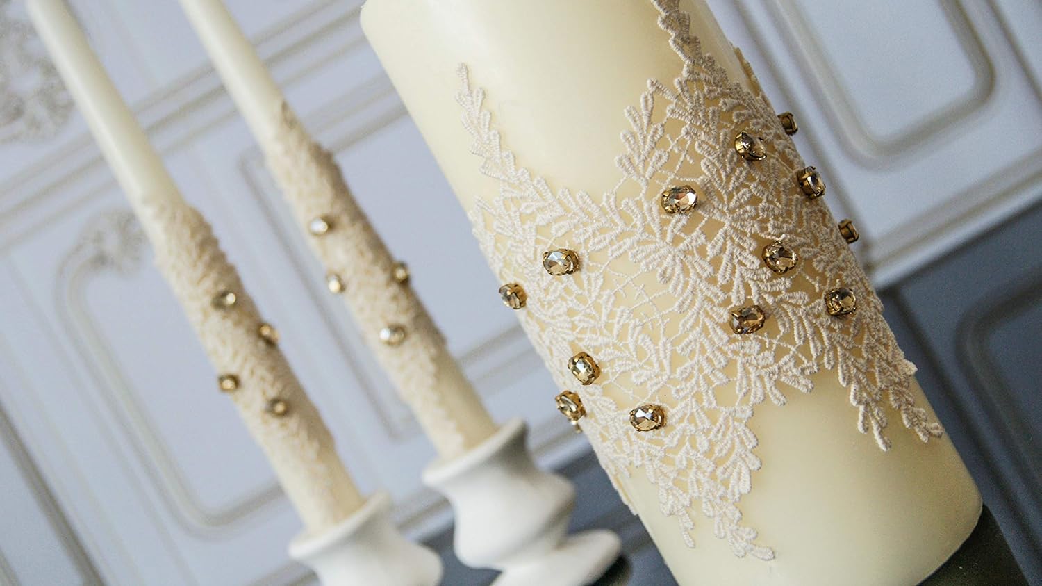 Amazoncom Ivory And Gold Wedding Unity Candles Lace Unity Candle