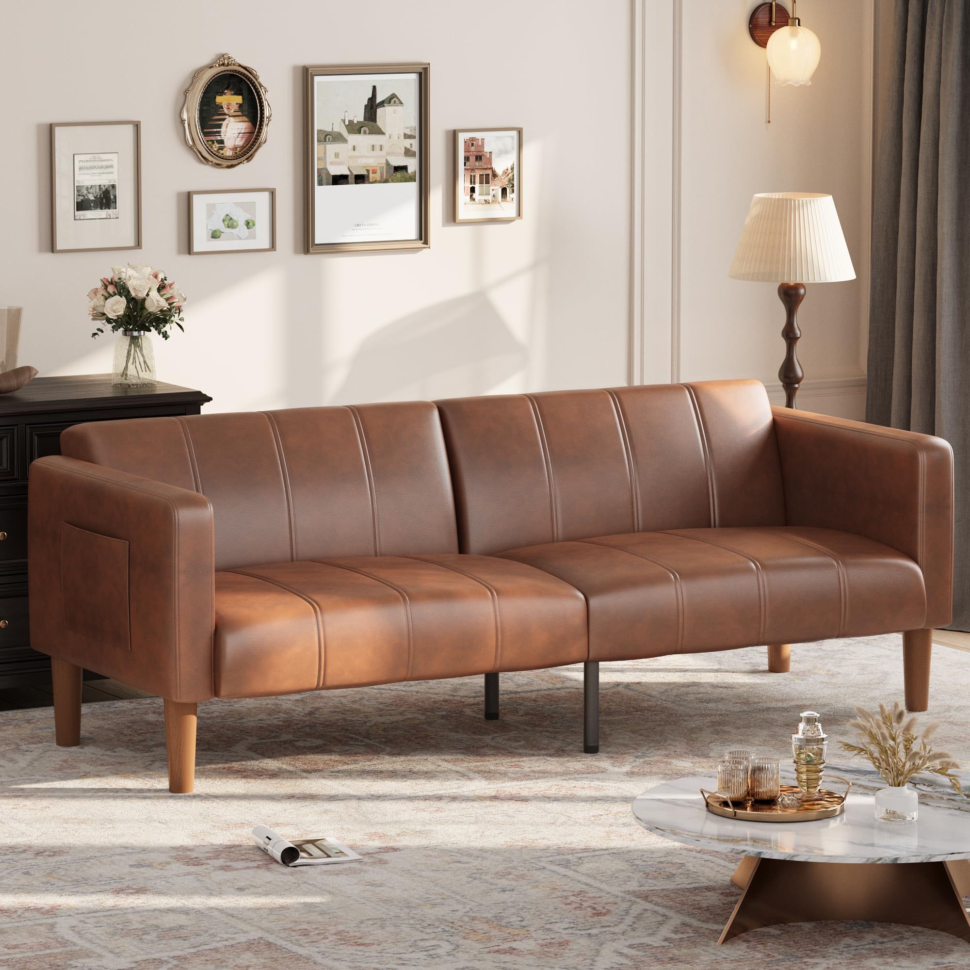 Photo 1 of GarveeHome 75" Futon Sofa Bed, Convertible Sleeper, Faux Leather Small Couch, Loveseat, Mid-Century Modern Couch for Living Room, Bedroom, Brown