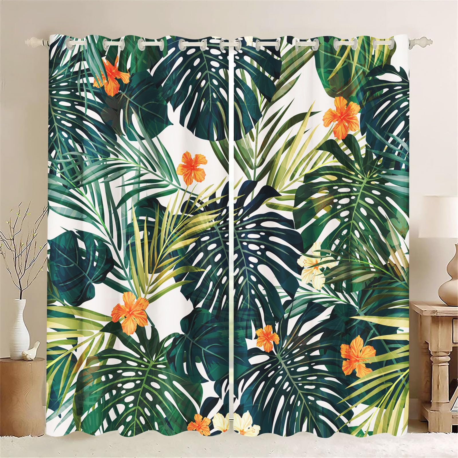 SMchwbc Opaque Green Palm Leaves Tropical Curtains Plants for Bedroom 3D Print 100% Polyester Leaves Blackout Curtain Set of 2 (1.183 x 160 cm (2 x 91 x 160 cm))