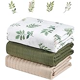 IBESTOPIA 3-Pack 100% Cotton Muslin Swaddle Blankets, Large 47 x 47 Inches — Breathable Soft Receiving Blankets for Newborns, Swaddling Wraps, Registry Gift (Leafy Green Nature)