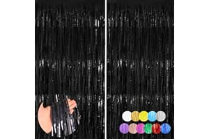 FORLVWOON Black Metallic Tinsel Foil Fringe Curtains Backdrop 2Pack 3.3x8.3Ft Party Streamers for Birthday Party Decorations Halloween Christmas Decors Foil Curtain Backdrop for Bachelorette Bridal Party