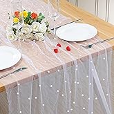 Hugestar Pearl Table Runner 10FT, 30 x 120 Inch Lvory Boho Rustic Tulle Lace Table Runner for Spring Summer Birthday Baby Shower Wedding Party Table Decor