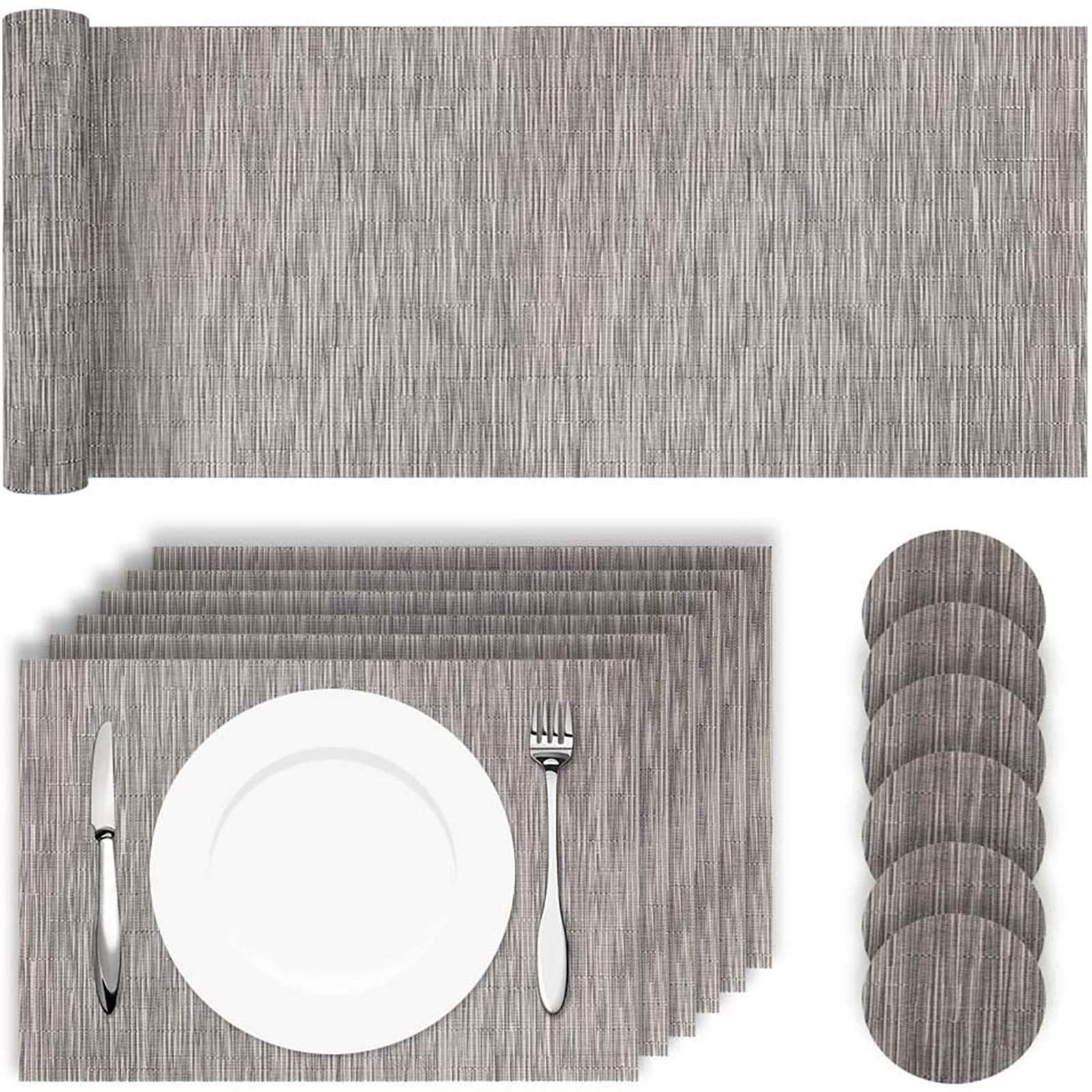 HEYOMART Placemats Table Mats 13 Piece Set with 6 x Placemats + 6 x Coasters + 1 x Long Table Mat Anti Slip Place Mats and Coaster Sets for Home & Restaurant, Grey