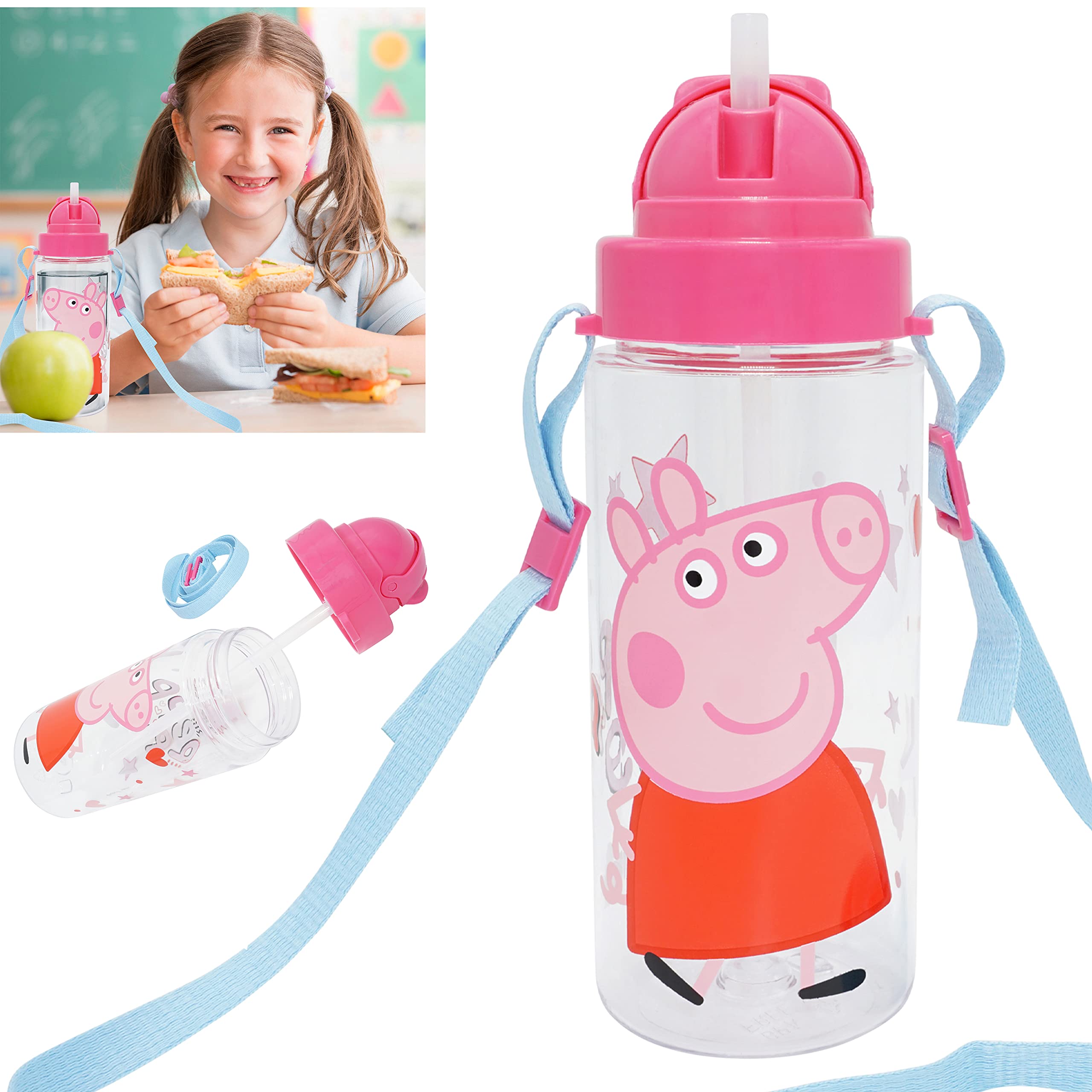 Peppa-Pig Kids Water Drinking Bottle 500ml- Tritan BPA Free, Wide Mouth and Lightweight, Leak-Proof Water Bottle for Girls 3+Years