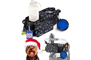 RUBYLOO Dog Stroller Caddy Organizer with Poop Bag Dispenser, Treat Pocket, Water Bowl – Dog Stroller Accessories with Insulated Cup Holders, Pet Storage & Non-Slip Fit for 14"-19" Wide Handlebars - Paws