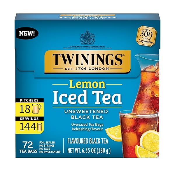 TWININGS NEW LEMON BLACK ICED TEA, 72 DELICIOUSLY UNSWEETENED TEA BAGS, MAKES 18 PITCHERS OR 144 SERVINGS, CAFFEINATED, 72 COUNT (PACK OF 1)