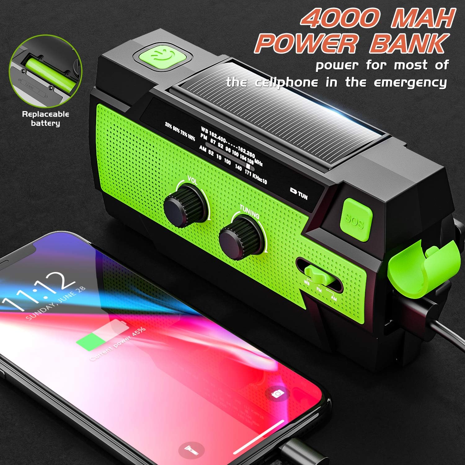 Emergency Radio Hand Crank Solar, 4000mAh Portable Weather Radio, NOAA Weather Radio, Outdoor Radio with Flashlight & Motion Sensor Reading Lamp, Solar Cell Phone Charger, SOS Alarm(Green): Home Audio & Theater