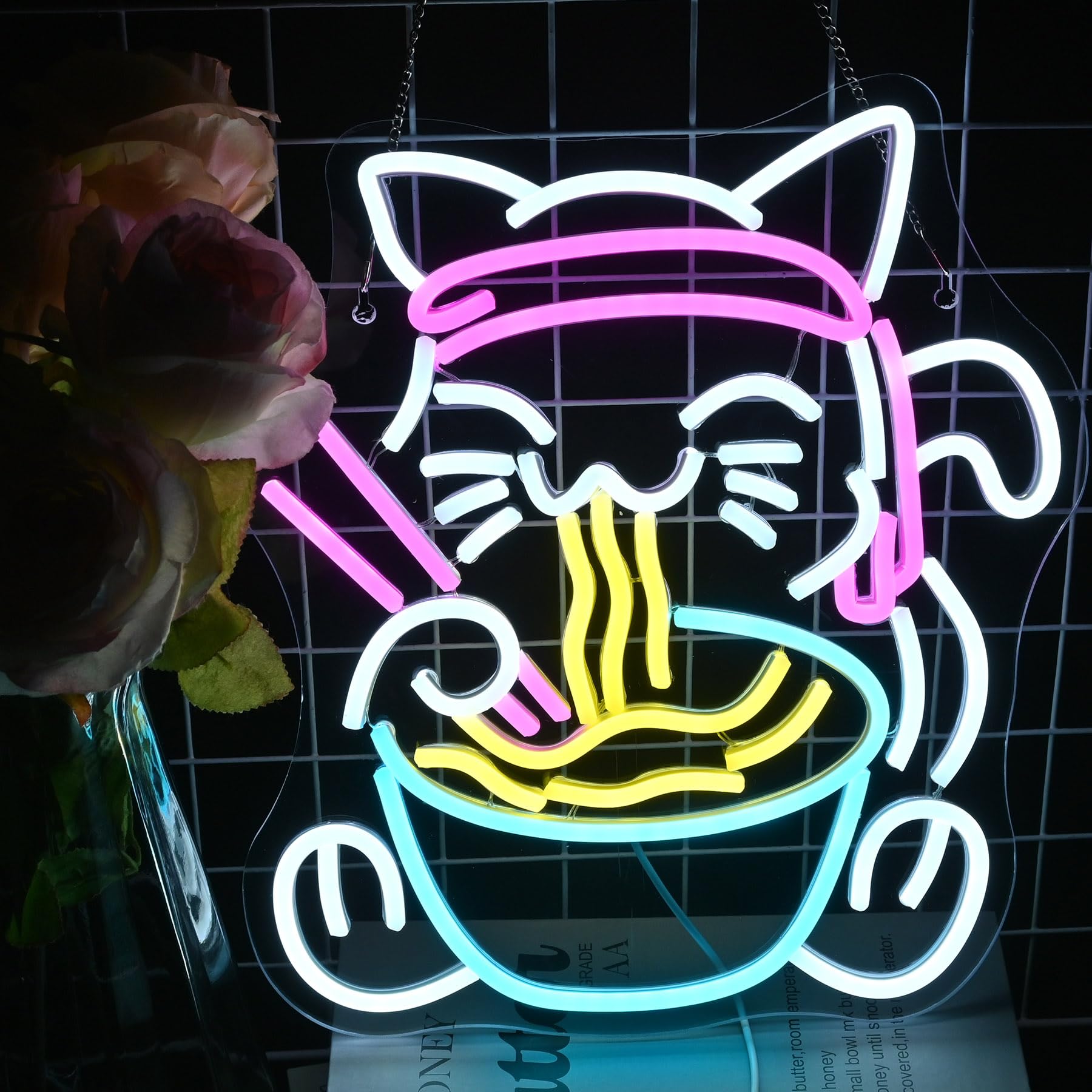 LUCUNSTAR Fortune Cat Ramen Neon Light Sign,Dimmable Japanese Neon Sign,Led Sign for Wall,Neon Bar Signs For Home Bar,for Kitchen Dinning Room Wall Art Decor Gifts