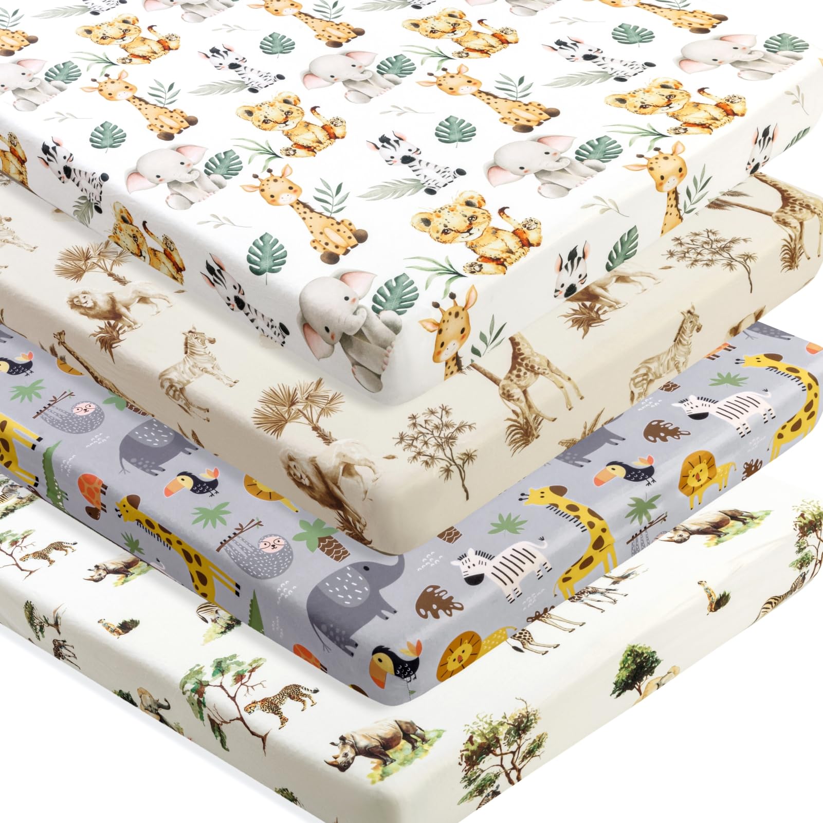 View 1 of 4 Pack Safari Jungle Animals Neutral Unisex Fitted Nursery Baby Sheets Set Toddler Mattress Sheets for Baby Boys or Girls (Pack N Play Sheets)