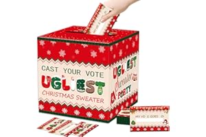 JCTHKUKU Ugly Christmas Sweater Contest Ballot Box with 50 Voting Cards, 8.7" Party Voting Card Box for Christmas Game Party Decorations, Ugly Sweater Competition Party Game Supplies