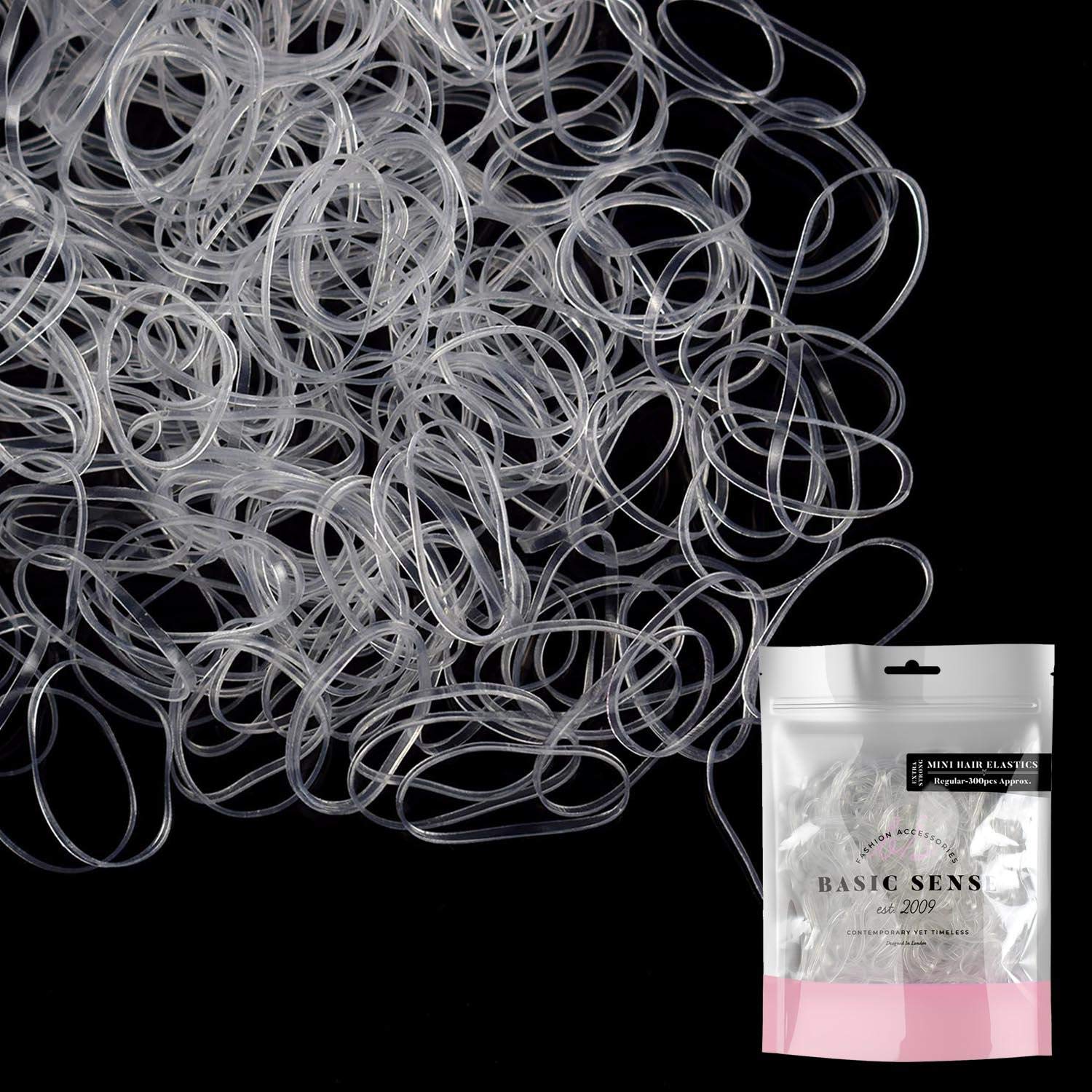 Basic Sense EXTRA STRONG Hair Rubber Elastics for Kids, Stretchy Braiding Bands for Girls, LONG, 300 PCS, Clear