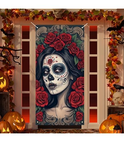 Dia De Los Muertos Türabdeckung - Bunte Tag Der Toten Dekoration Für Halloween & Veranda
