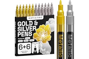 ARTISTRO 12 Oil-based Gold & Silver Paint Pens- 0.7mm Extra-Fine Markers for Tire, Wood, Rock, Fabric, Glass, Ceramic, Metal, Plastic, and More - Quick Dry, Waterproof