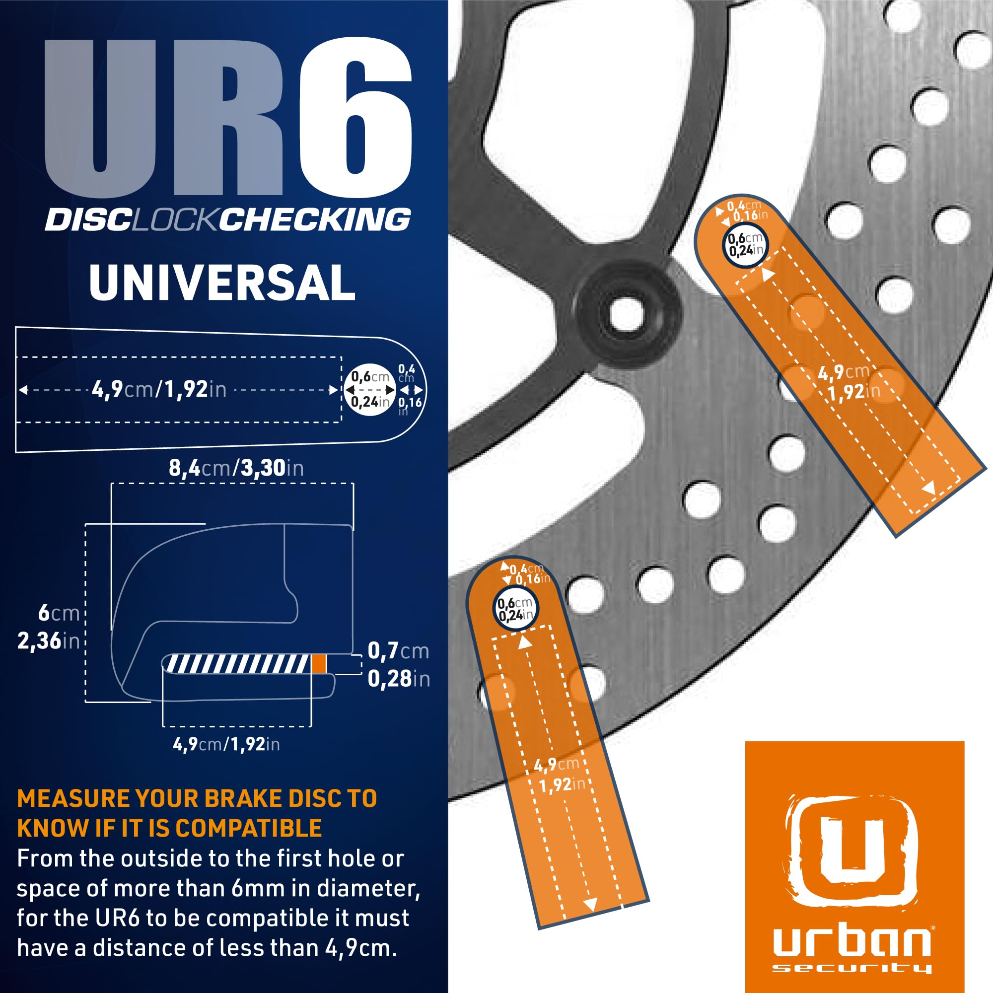 URBAN UR6 Hi-Tech Alarm Disc Lock 120db ON/OFF, Warning, Light Alert, A+ Sensitivity, Replaceable Alarm, Waterproof, Longlife Battery, Carried locked, Universal Motorcycle, Bike, Bicycle, Scooter