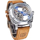 FORSINING Men's Luxury Square Carving Mechanical Watch, Retro Totem Double Sided Hollow Skeleton Self-Wind Automatic Watches, Vintage Leather Strap Wristwatch Reloj para Hombre