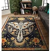 Washable Mystical Luna Moth Rugs Ultra Thin, Boho Moody Black Floral Aesthetic Bedroom Rugs Vintage Hippie Celestial Trendy Indie Dorm Rug, Retro Cute 5x7 Area Rug for Dining Living Room Entryway