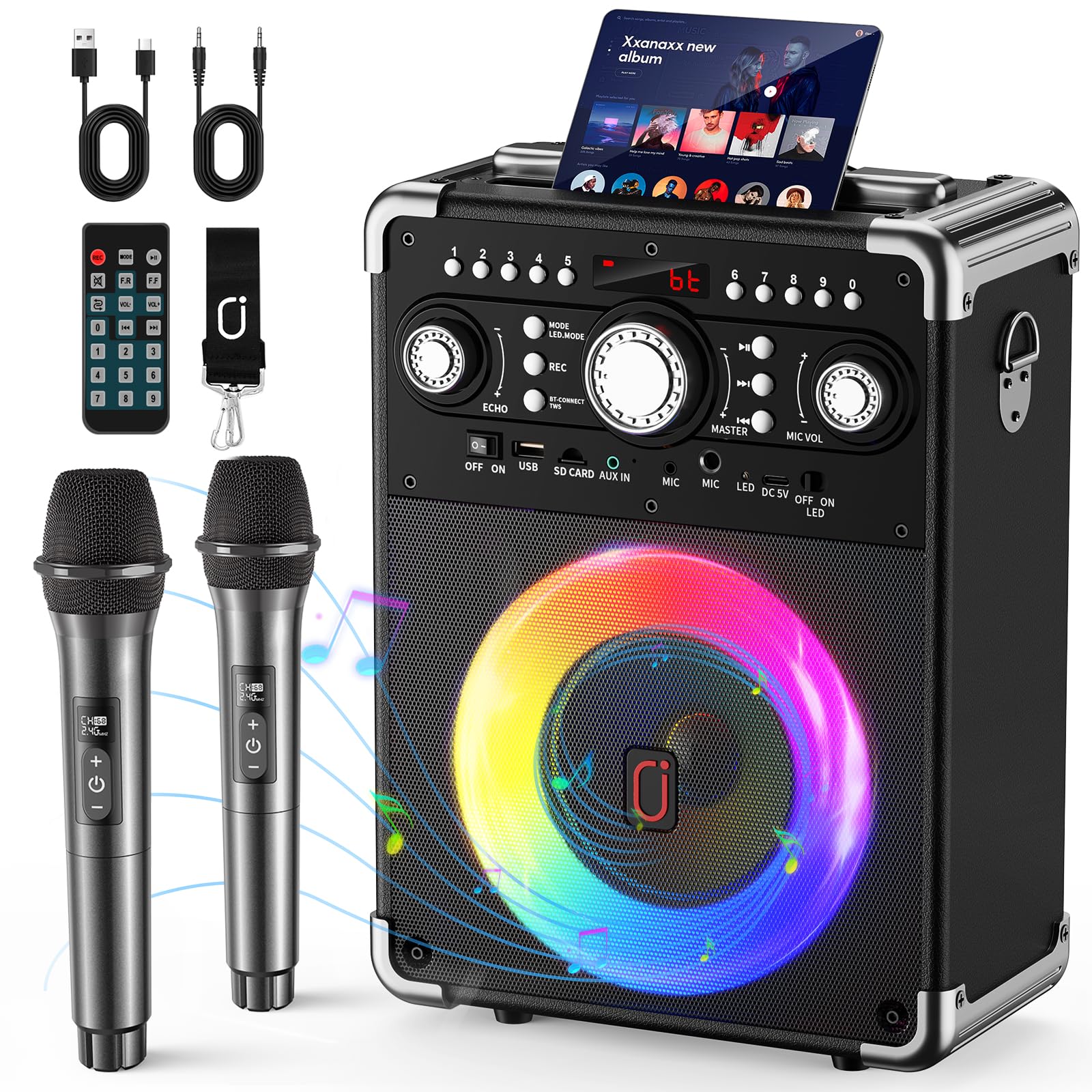 Photo 1 of ***Missing Hardware*****HWWR Karaoke Machine, Portable Bluetooth 5.3 Speaker with 2 Wireless Microphones for Adults, PA System with Echo Adjustment, Support TWS/TF Card/USB/AUX/TVs Connected for Home Party/Outdoor/Events etc