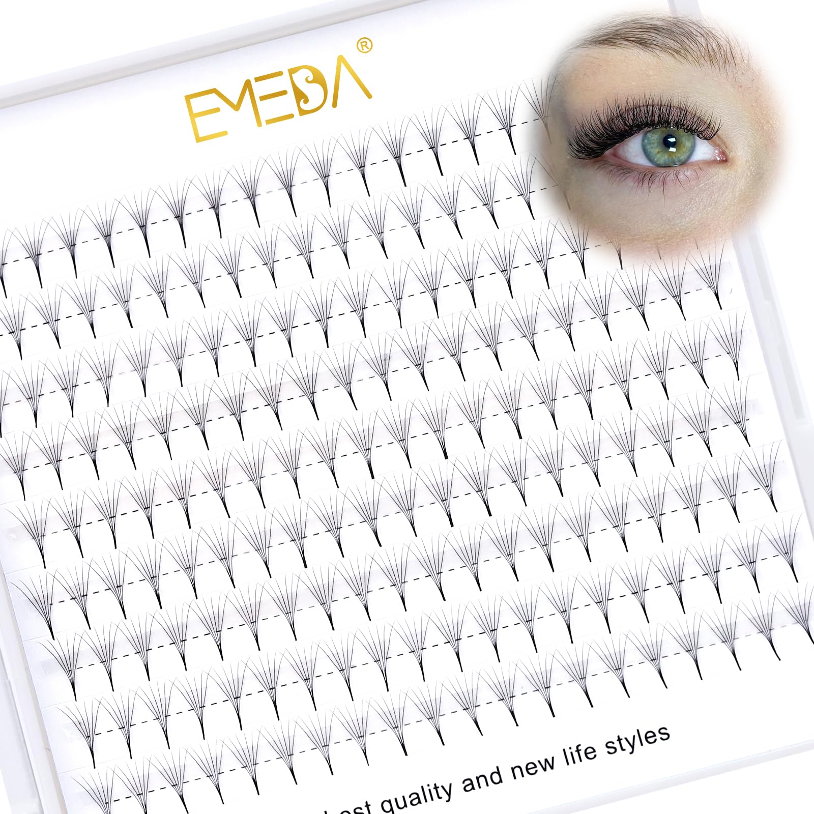 EMEDA Premade Volume Fans 6D Eyelash Extensions 9 Lines D Curl Volume Lashes 0.07mm 9mm-14mm Mix Length Pre Made Volume Lash Extensions 6D Cluster Eyelashes (6D 9mm) — image 1