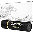 Hystar Extended Gaming Mouse Pad | XXL 36" x 16" | 5mm Thick, Waterproof Surface, Smooth Polyester Fabric, and Natural Rubber Base | The Great Wave (White)