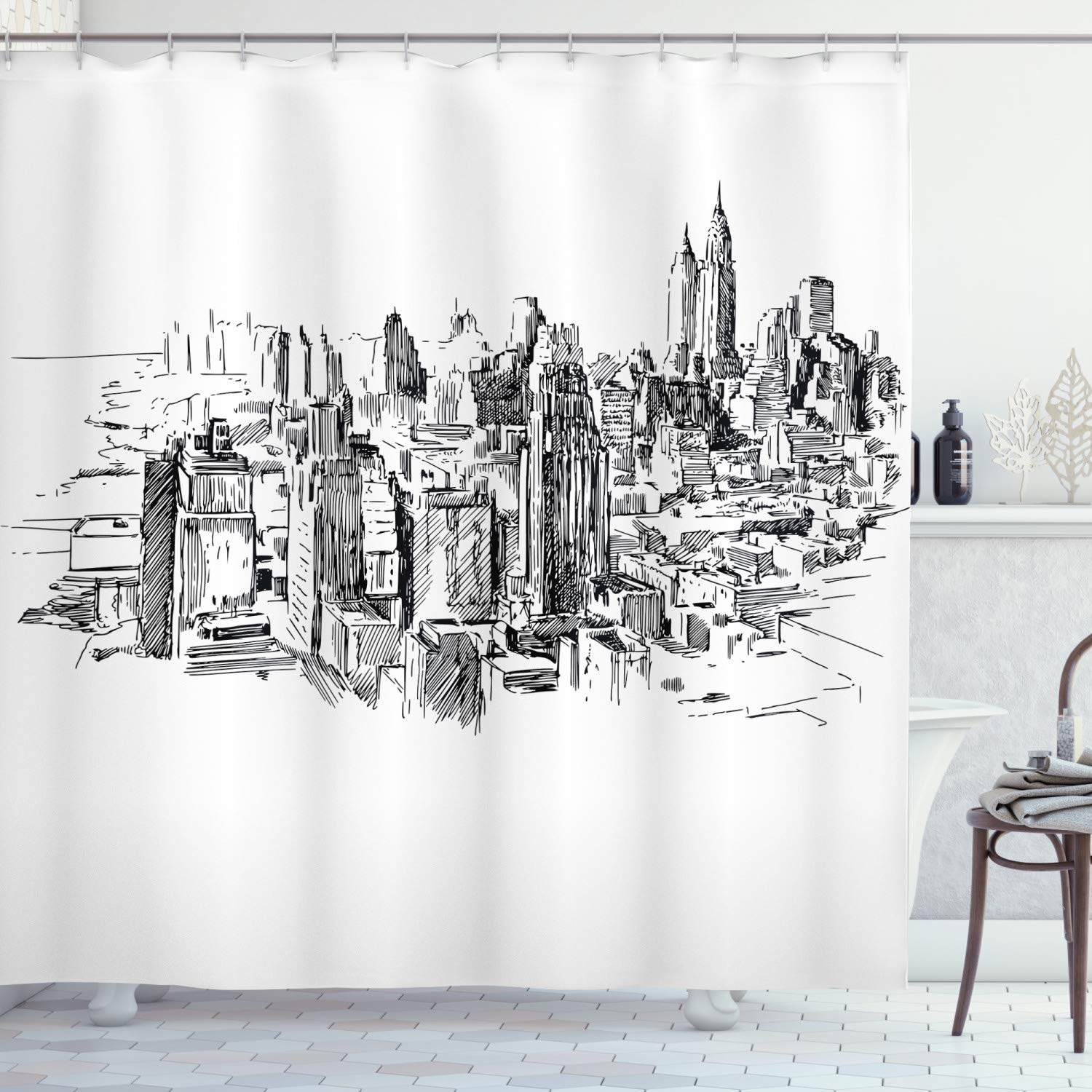 ABAKUHAUS New York Shower Curtain, Sketchy New York Historical Western Center Downtown Modern USA Illustration Print, Cloth Fabric Bathroom Decor Set with Hooks, 70 Inches, Grey White