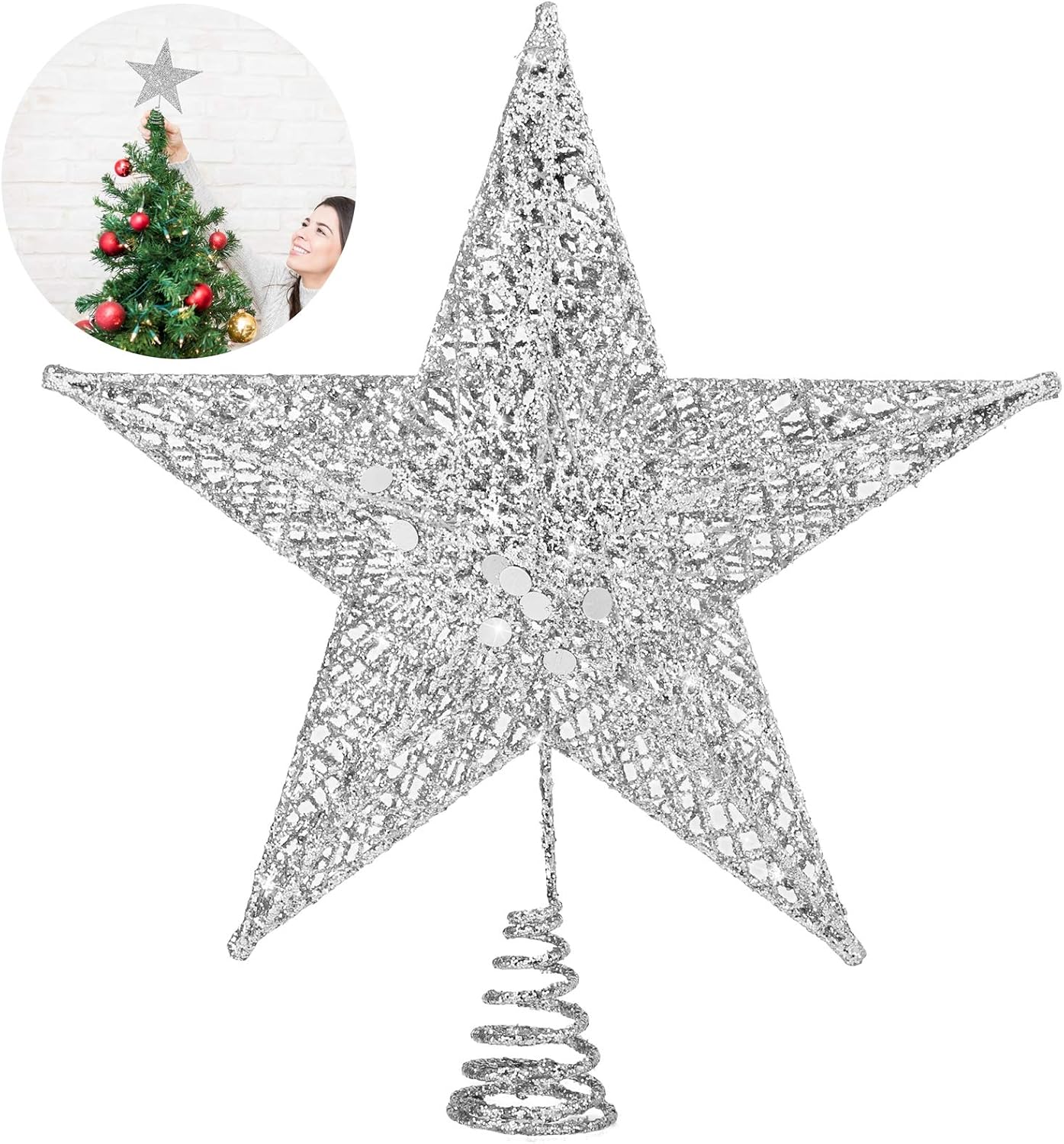 Tree Toppers - ADXCO Metal Christmas Tree Topper Star Glittered Christmas Treetop Sparkling Hallow Wire Star Treetop for Xmas Holiday Decoration