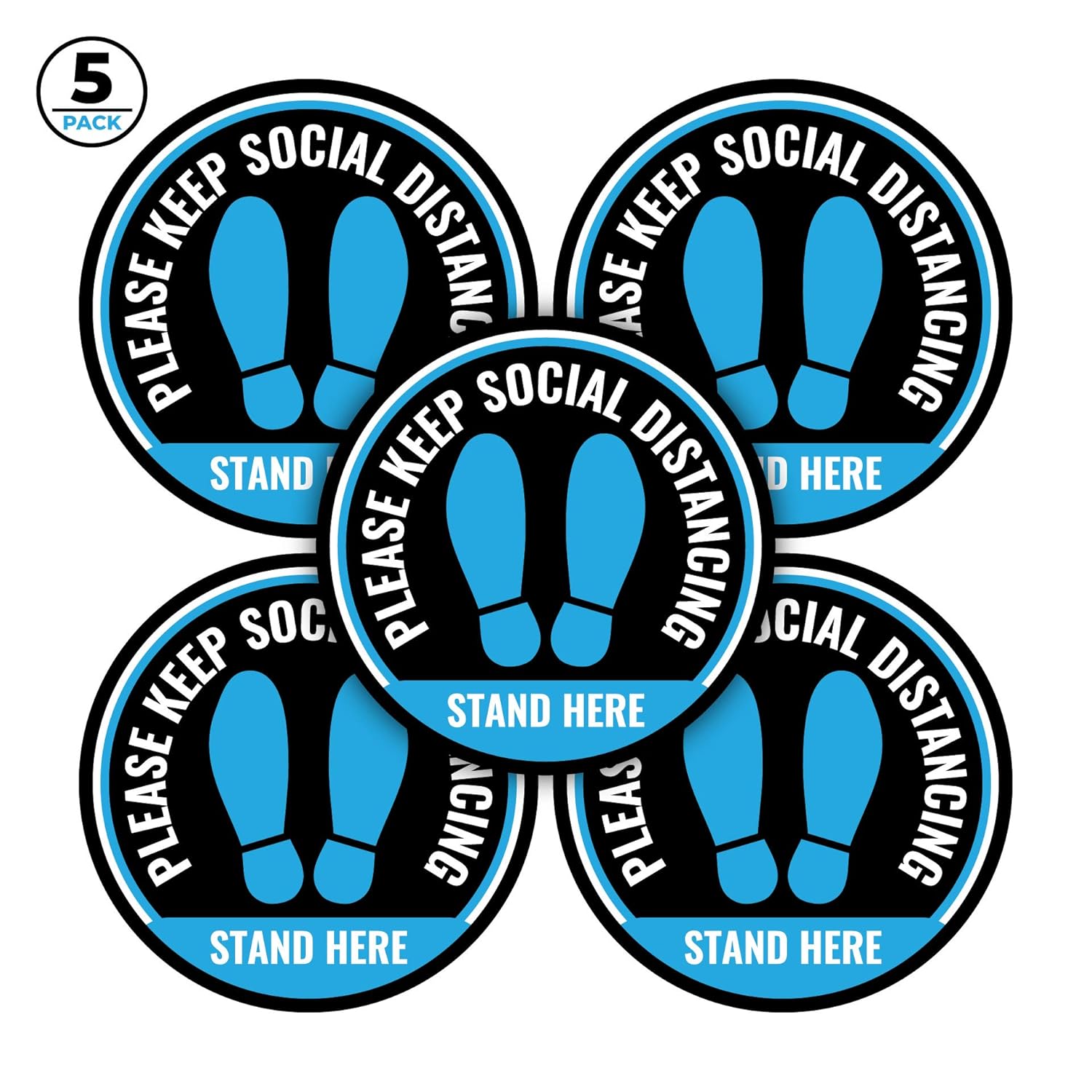 Set of 5 Blue Floor Stickers, 12 Inch Diameter - Social Distancing Floor Decals - Easy to Remove, Waterproof - 6 Feet Apart Sticker Leaves No Residual Glue - Great for Schools, Offices, Retail Stores