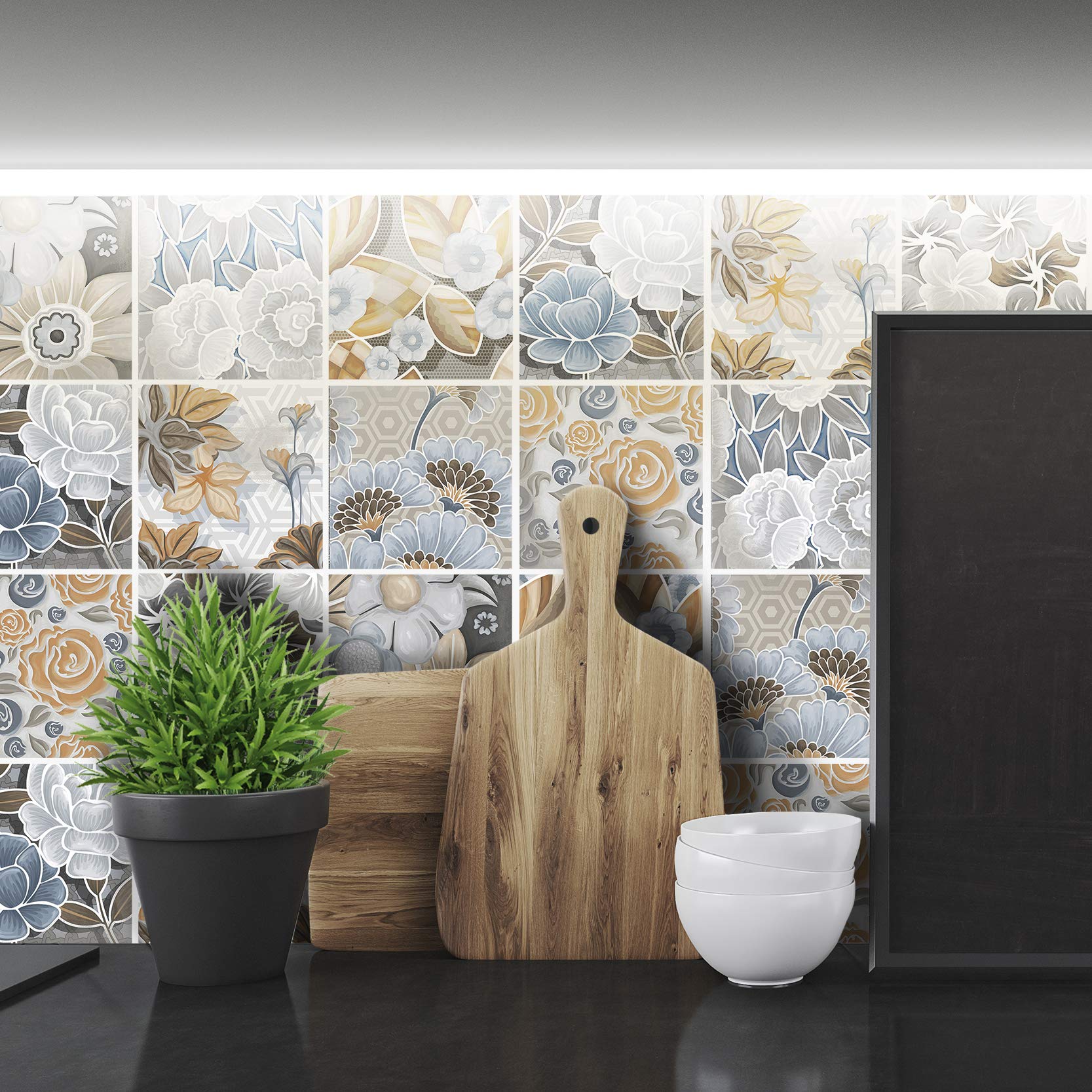 Pack of 32 Tile Stickers - Decorative Tiles Adhesive for Bathroom and Kitchen - Design Decals; Peel and Stick; Adhesive Removable Tiles for Home Decoration; Backsplash for Kitchen (T1016-S0ST)