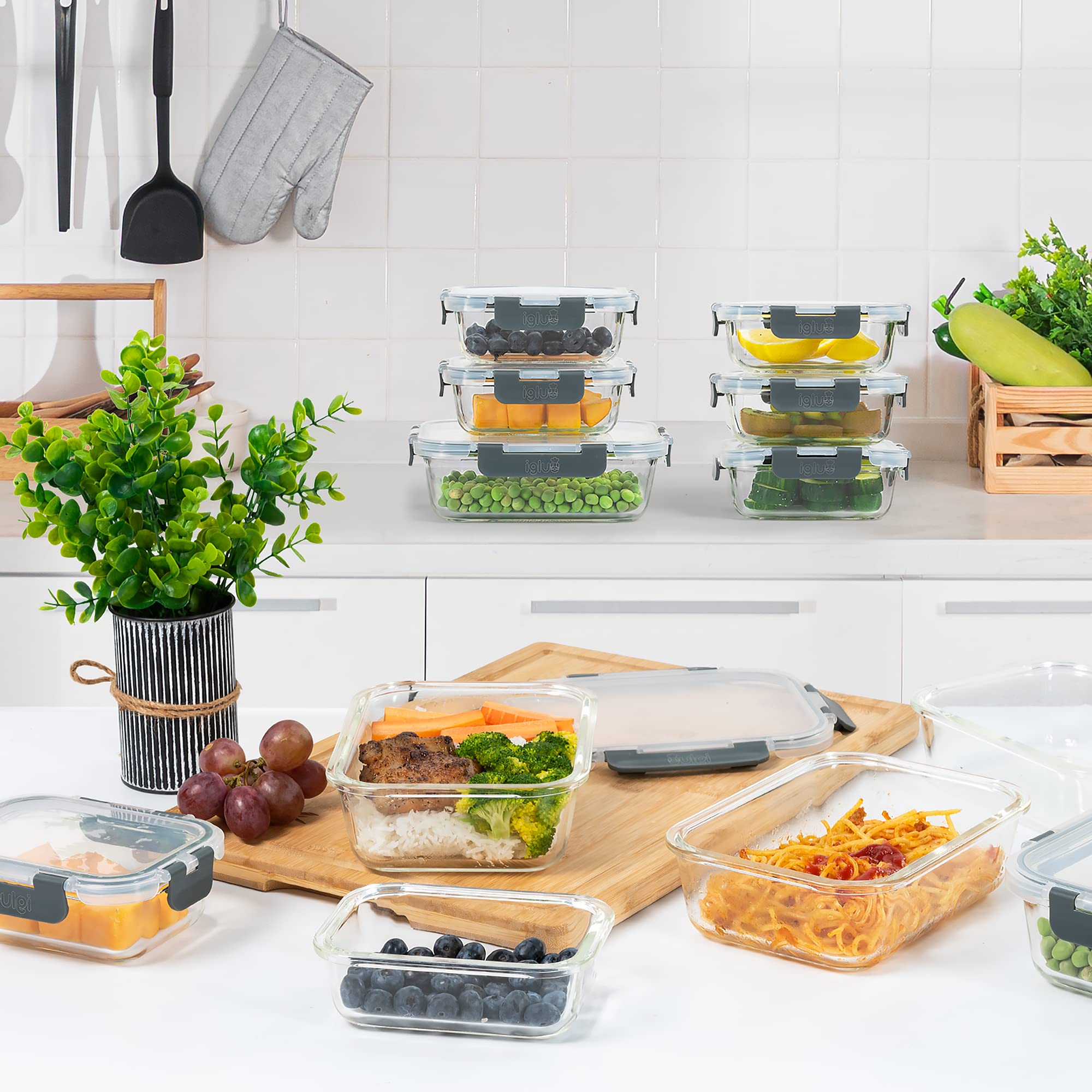 Igluu Meal Prep Glas-Frischhaltedosen mit BPA-freiem Deckel (10er-Pack) – mikrowellen-, ofen-, gefrier-, spülmaschinengeeignet, auslaufsicher – 370 & 1050 ml – robustes Borosilikatglas 2