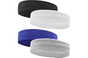 IMAGERIO 4 Pack Sweatbands Sports Headband for Men and Women, Moisture Wicking Athletic Workout Headband for Running, Tennis, Basketball, Yoga, Gym Stretchy Unisex Sweatband