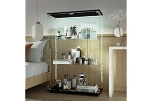 Yoluckea 3 Tiers Glass Display Cabinet with Bluetooth LED Light Strip, 2 Doors Floor Standing Curio Cabinet with Adjustable Feet for Home, Black Glass Bookshelf for Collections, Wood Top