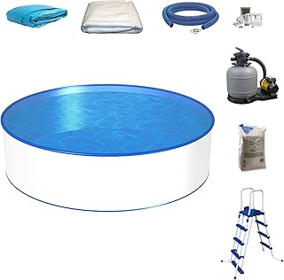 Medipool Pool-Set Ø 3,50m Tiefe 1,20m, Stahlmantel & Innenfolie mit Keilbiese 0,6mm, Sandfilteranlage mit 6-Wege-Ventil, Sicherheitsleiter, Skimmer, Bodenvlies und Abdeckung