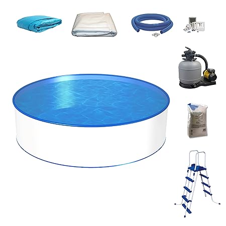 Pool-Set Ø 3,50m Tiefe 1,20m, Stahlmantel & Innenfolie mit Keilbiese 0,6mm, Sandfilteranlage mit 6-Wege-Ventil, Sicherheitsle