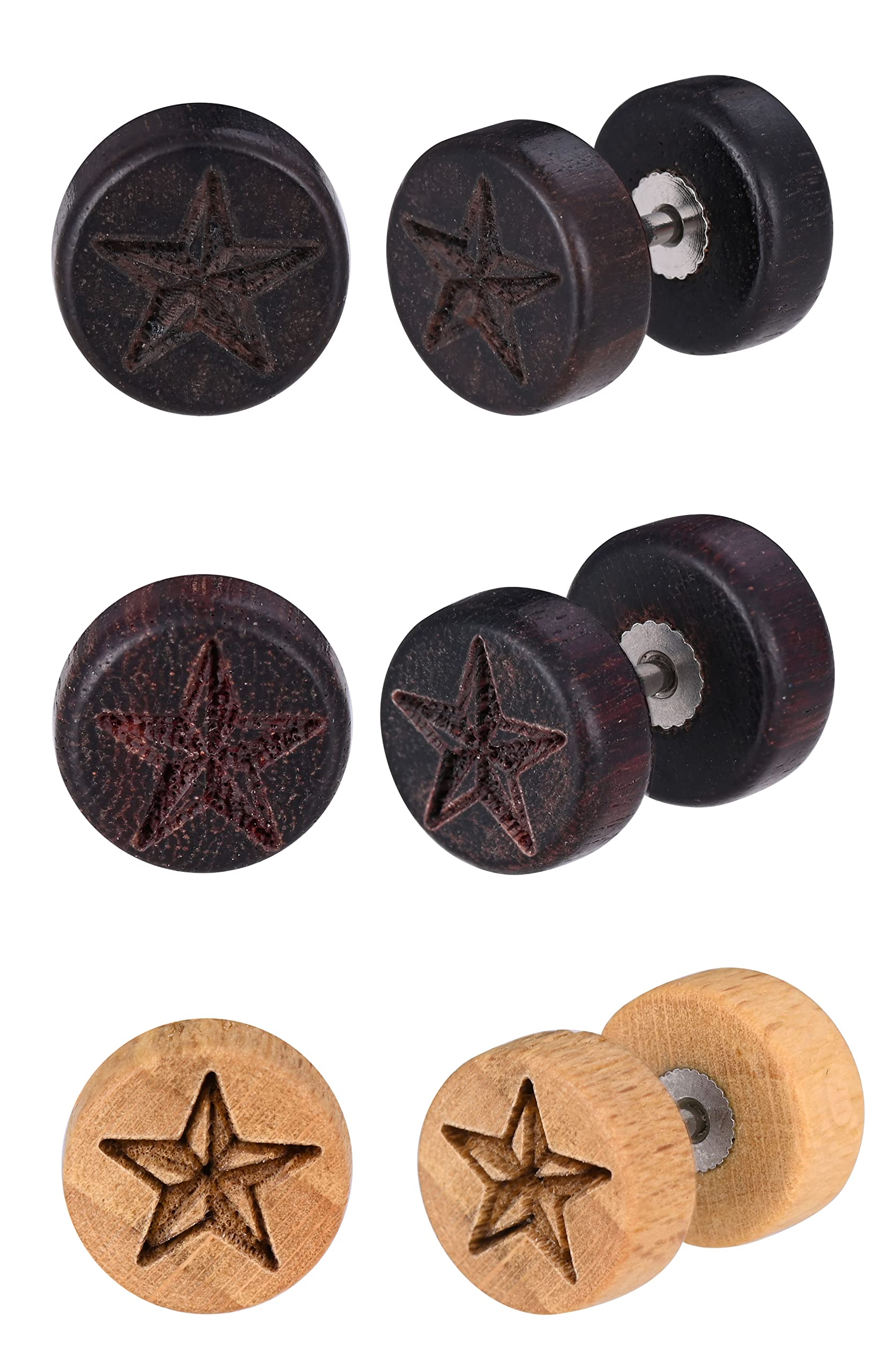 Feilok 3 Pairs 10mm Stainless Steel Star wood Huggie Hoop Stud Earrings for Men Set Piecing Jewellery for Women