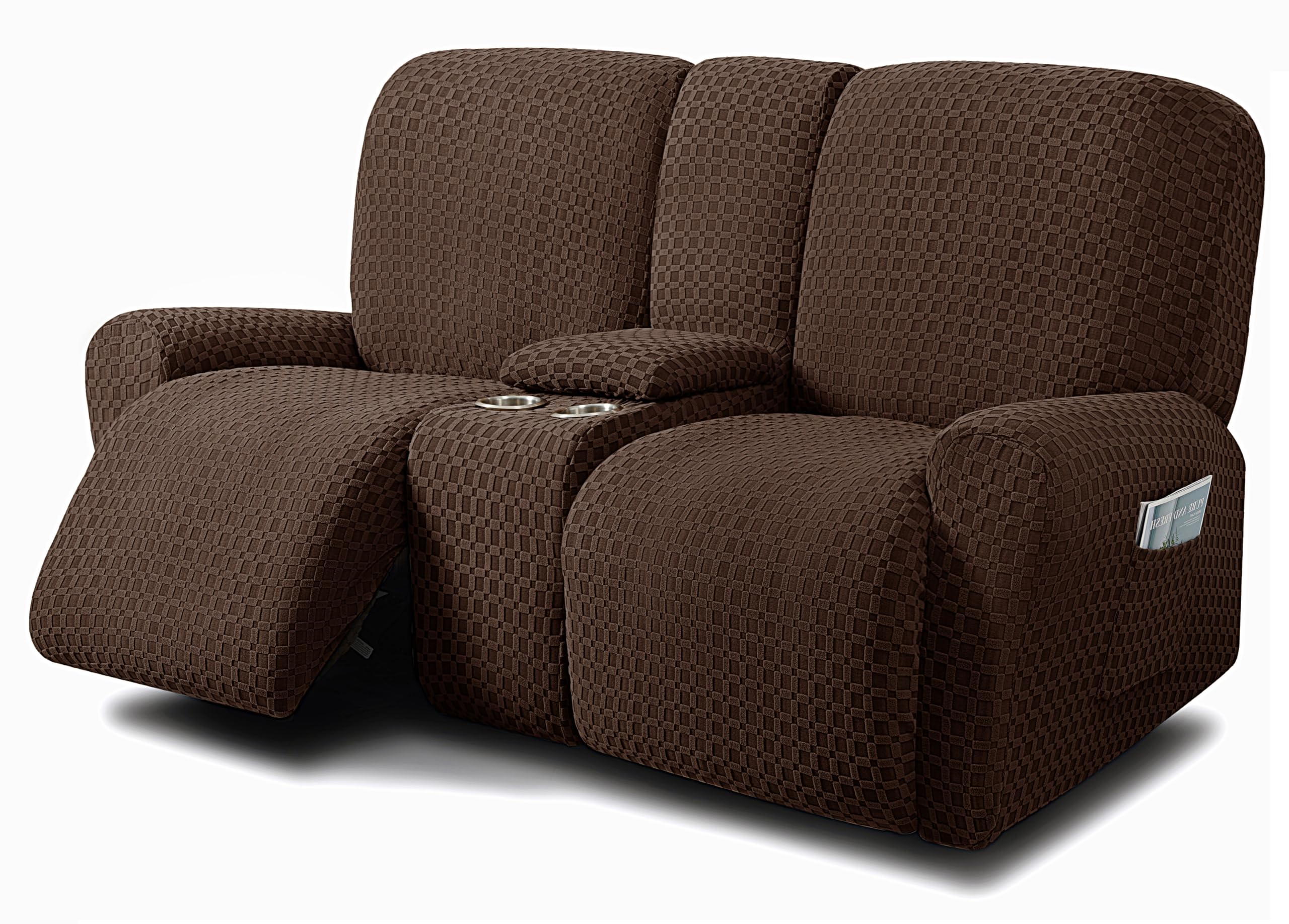 Photo 1 of ULTICOR Reclining Love Seat with Middle Console Slipcover, 8-Piece Jacquared Stretch Loveseat Reclining Sofa Covers, 2 seat Loveseat Recliner Cover, Thick, Soft, Washable, (Style 2) (Chocolate)
