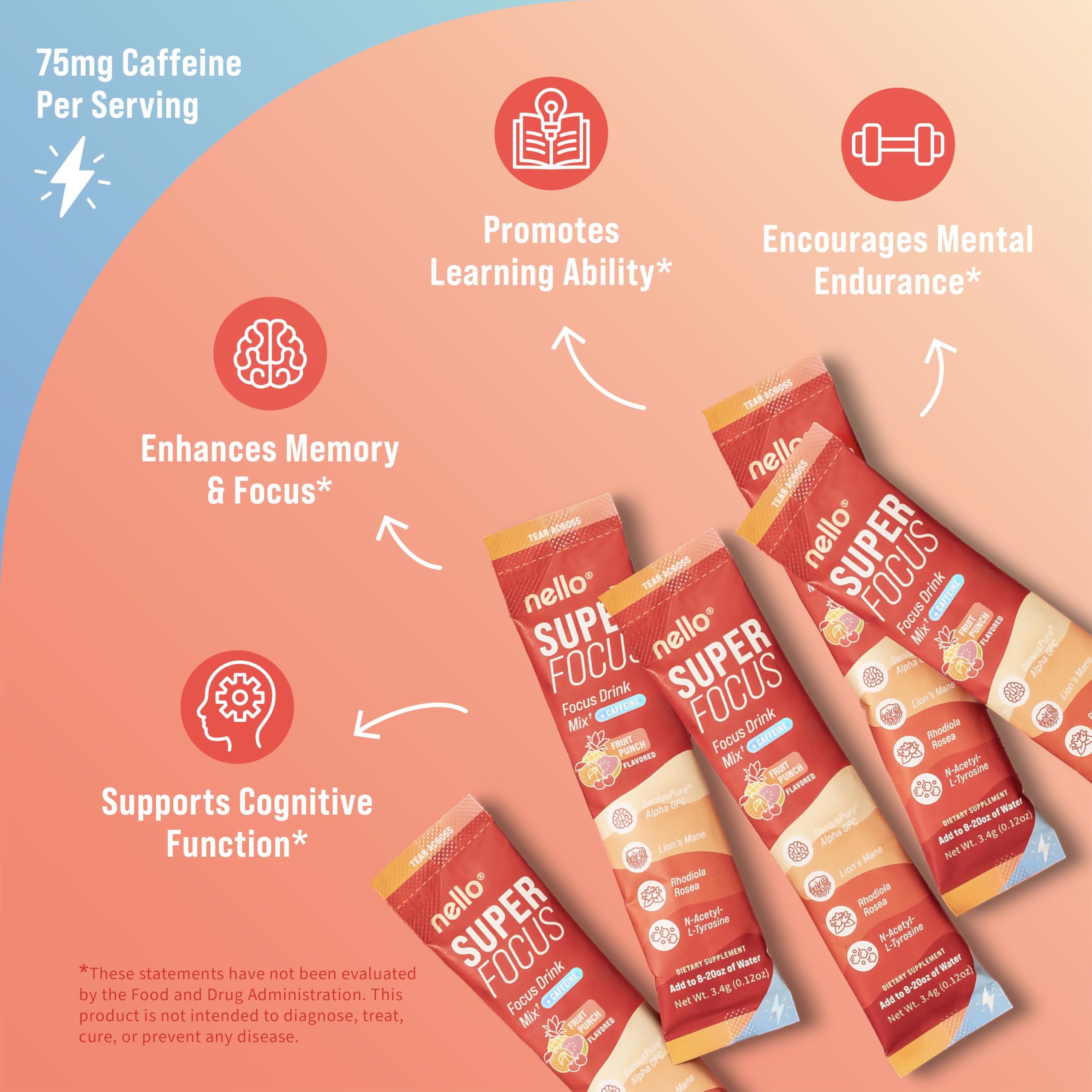 Nello SuperFocus Fruit Punch with Caffeine– Nootropic Focus Drink Mix, 20 On-The-Go Packets, Alpha GPC, Lion’s Mane, Rhodiola, Sugar-Free