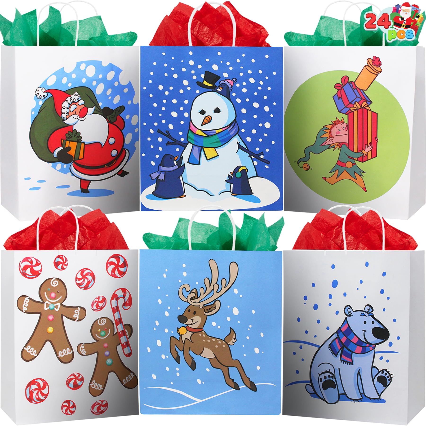 24 Christmas Kraft Paper Gift Bags with Blue and White Handles with Matching Christmas Prints for Christmas Gift Bags, Classroom and Gifts, Candy Gift Bag