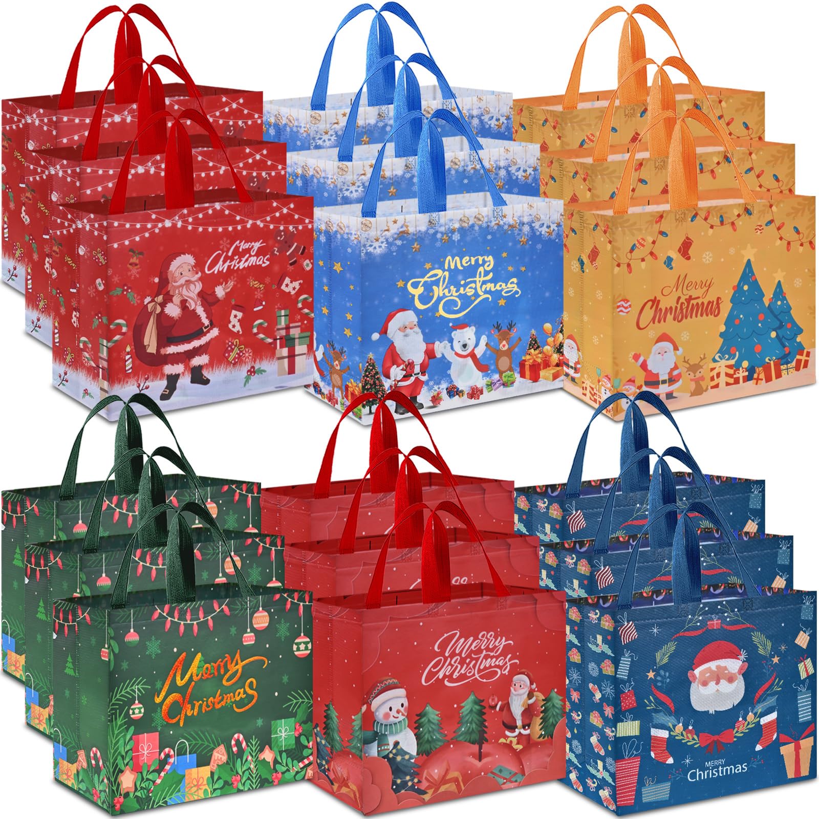AhfuLife Extra Large Christmas Bags for Gift, 18pcs Reusable Christmas Tote Bags with Handles, Multipack Non-woven Christmas Treat Shopping Bags for Presents Xmas Party Decorations, 40 x 36 x 15cm