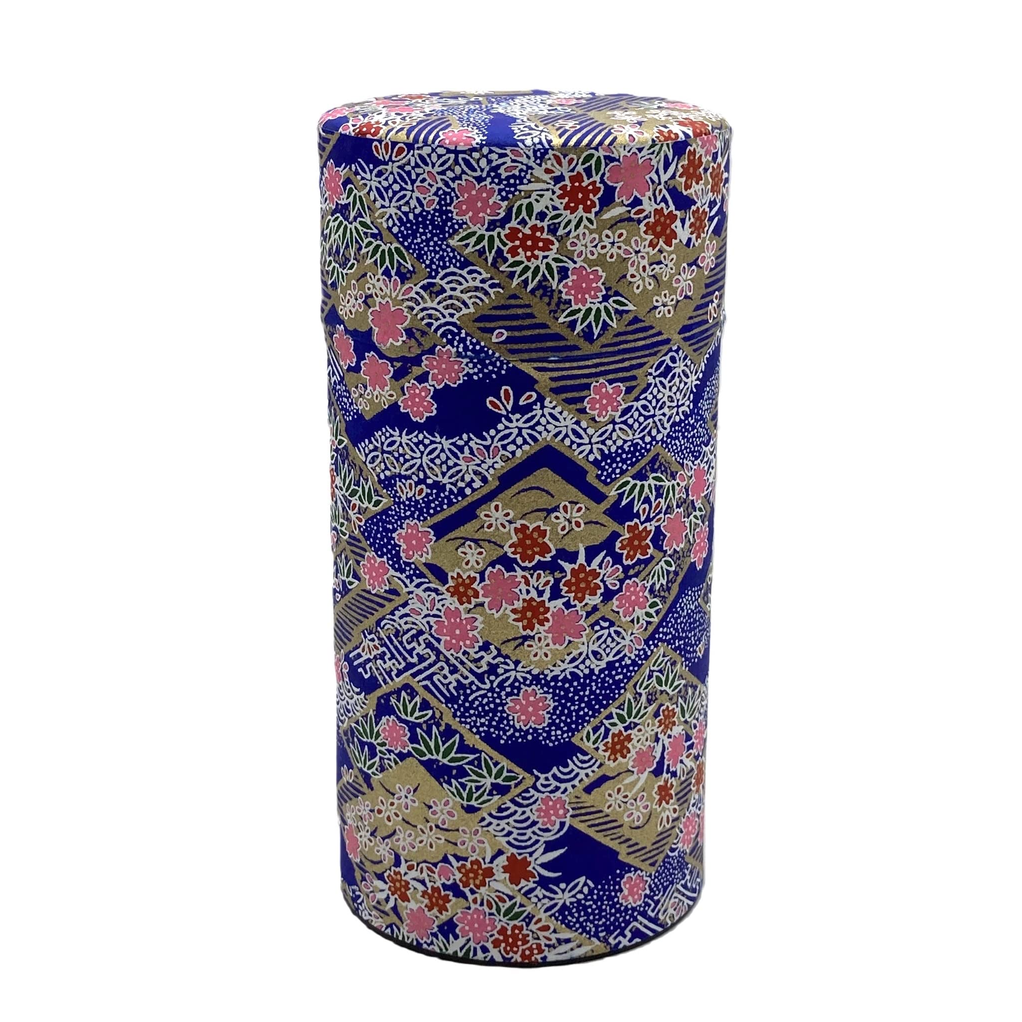 Photo 1 of ??????? Japanese Tea Canister Tin Sakura Blizzard on a Rhombus Pattern Blue/Double Lid/Japanese YUZEN Washi Paper Pasted /200g Tea Capacity/Loose Leaf Tea Storage/Storage Container with Lid