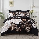 Yogeneg 7 Piece Bed in a Bag Queen Comforter Set Botanical Floral Bedding Set,White Flowers Leaves Printed on Black Reversible Design,Soft Microfiber Comforter with Sheet Set,All Season