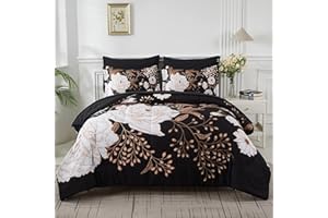 Yogeneg 7 Piece Bed in a Bag Queen Comforter Set Botanical Floral Bedding Set,White Flowers Leaves Printed on Black Reversible Design,Soft Microfiber Comforter with Sheet Set,All Season