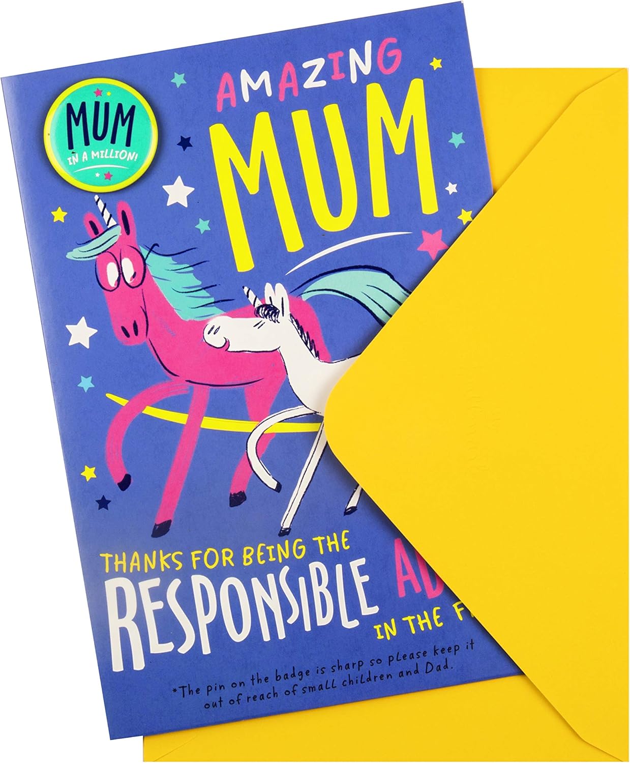 Hallmark Mother's Day Card for Mum - Neon Unicorn with "Mum in a Million" Badge, Pink, 22.8cm x 15.9cm - Image 3