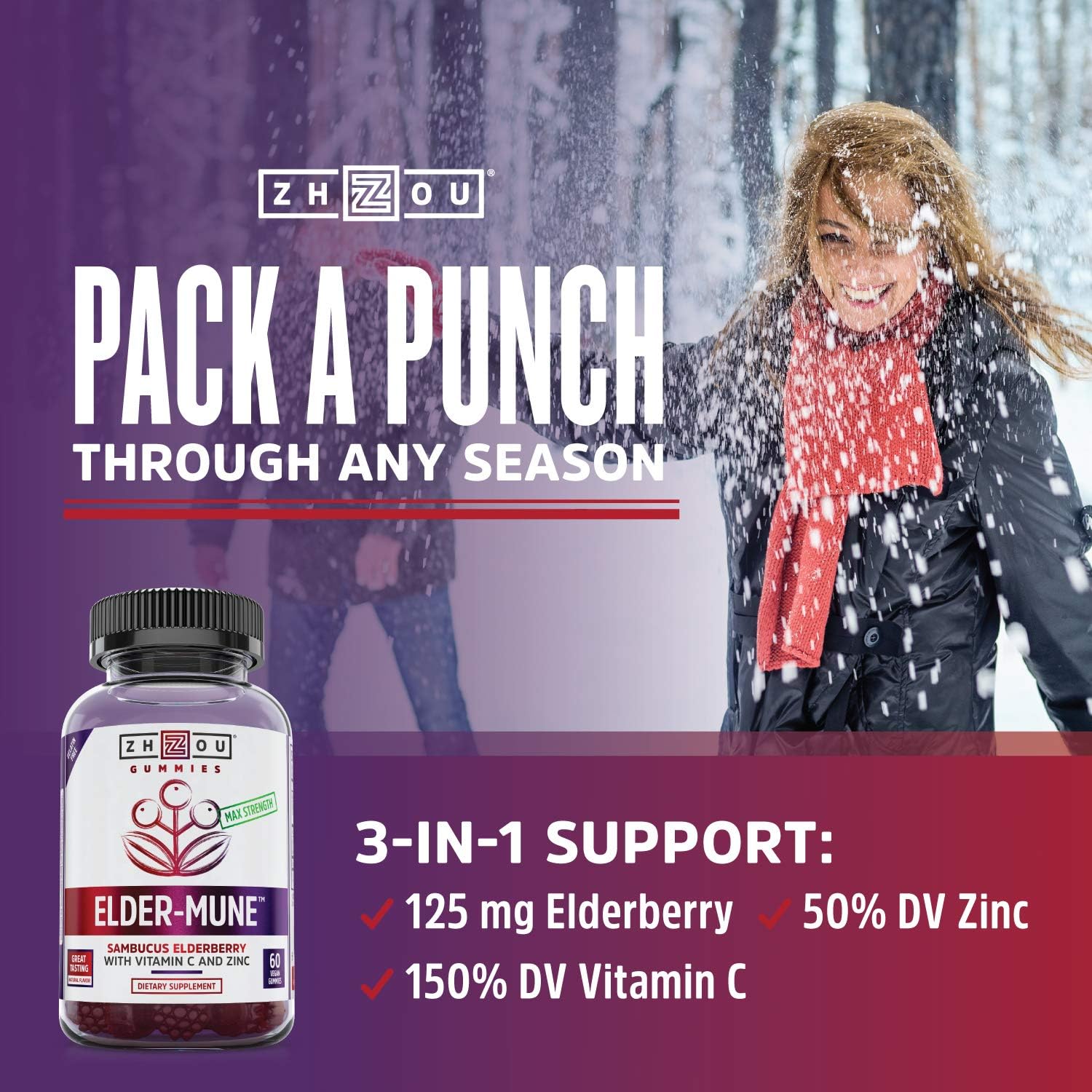 Zhou Nutrition Elder-Mune Sambucus Elderberry Gummies - Antioxidant Flavonoids, Immune Support Gummy Vitamins, Zinc Supplement & Vitamin C Supplement: Health & Personal Care
