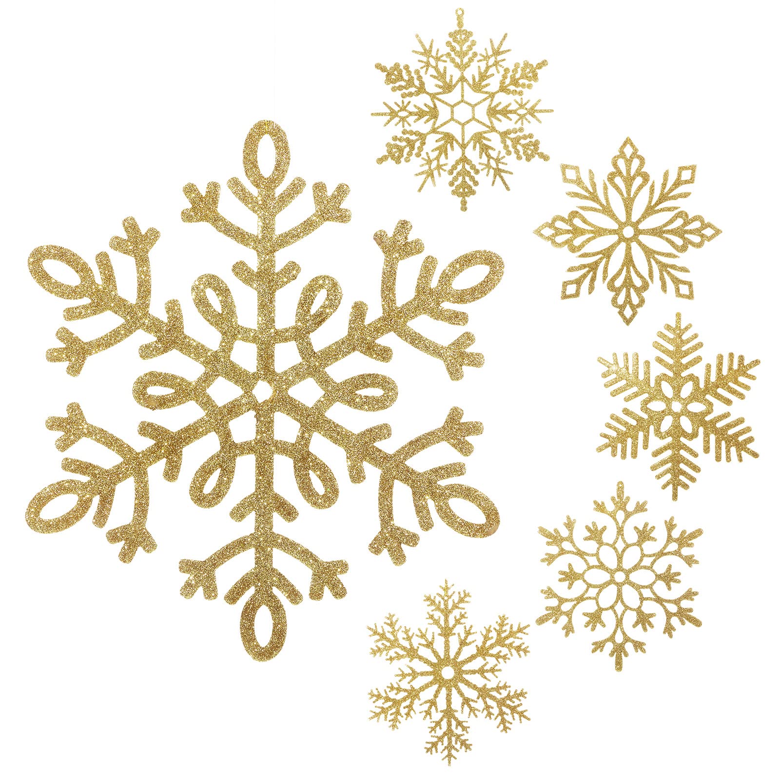 BBTO Large Snowflakes Ornaments 12" Glitter Giant Plastic Snowflake Decorations Oversized Winter Christmas Hanging Decor for Indoor Outdoor(Gold,12 Pack)