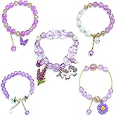 5PCS Beaded Charm Bracelets for Girls Unicorn Dainty Kawaii Crystal Beads Bracelets Set for Teens Girls Adjustable Stretch Bracelet Birthday Graduation Gift For Daughter Niece Granddaughter