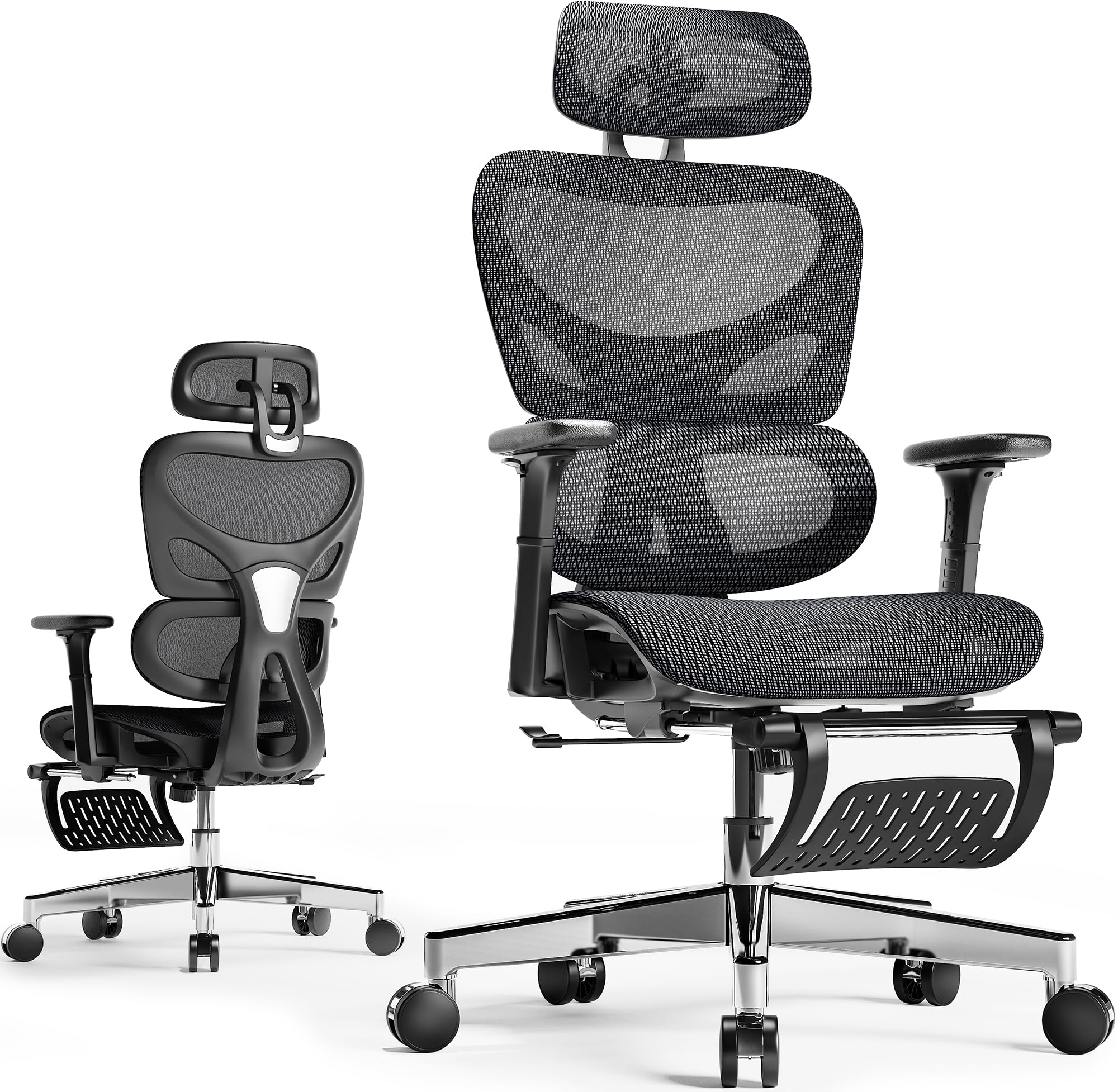 Huuger Mesh Office Chair with Footrest, Ergonomic Desk Chair with Lumbar Support, Comfortable, Multi-tilt Angle Backrest, Headrest and 3D Armrest, Large Steel Base, Black