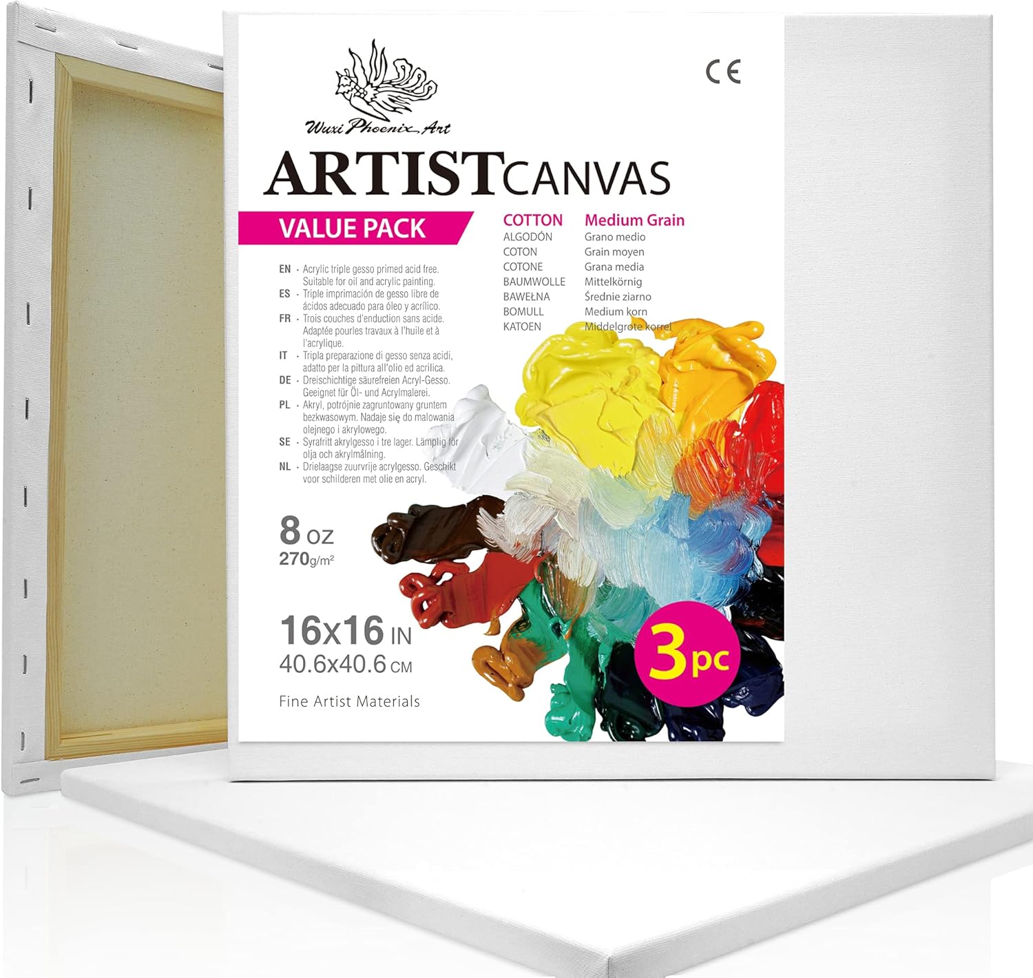 Wuxi Phoenix Art Framed Canvas for Painting - 40x40 cm/ 16x16 inch - 3 Pack Pre Stretched Blank Canvas Set for Oil & Acrylic Painting