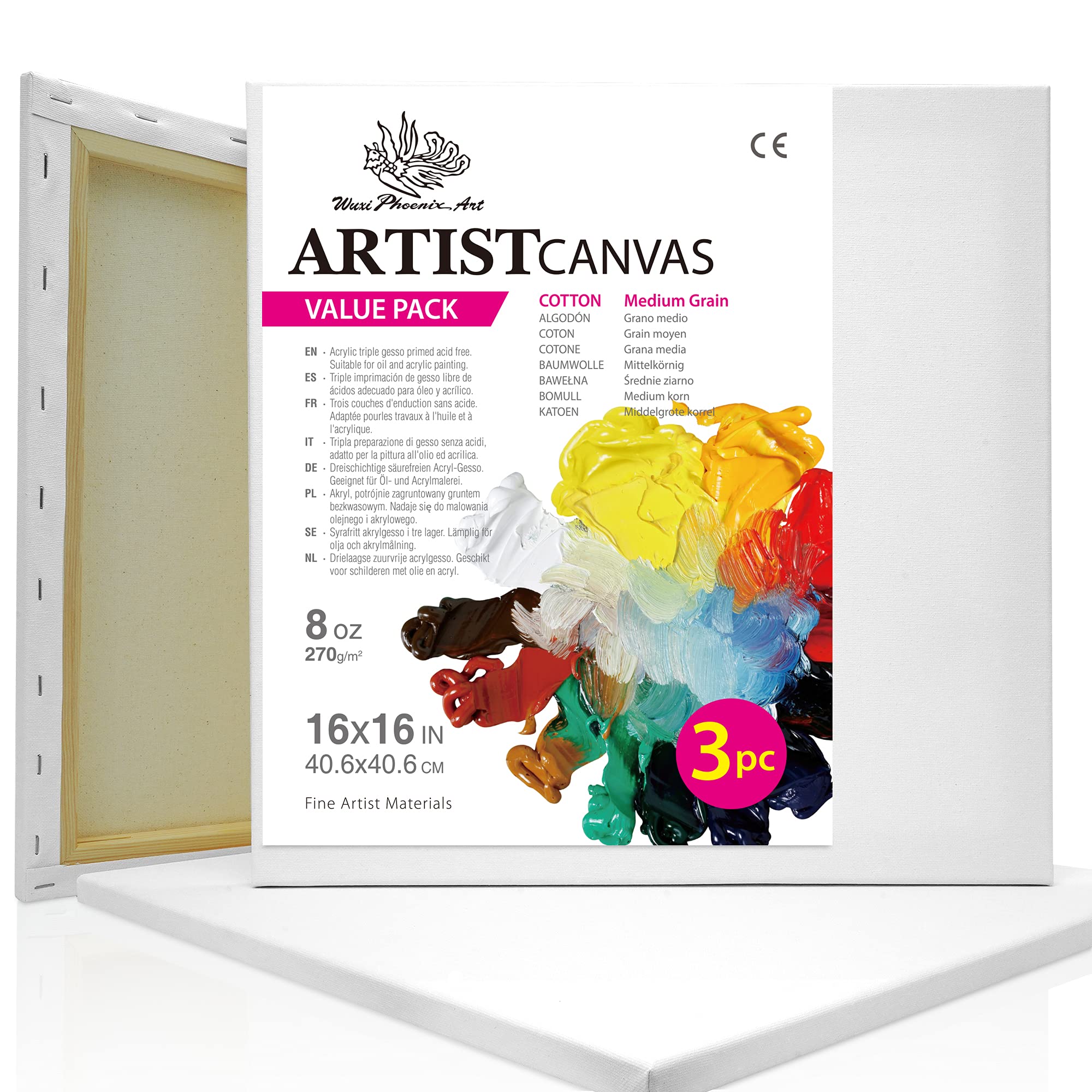 Wuxi Phoenix Art Framed Canvas for Painting - 40x40 cm/ 16x16 inch - 3 Pack Pre Stretched Blank Canvas Set for Oil & Acrylic Painting