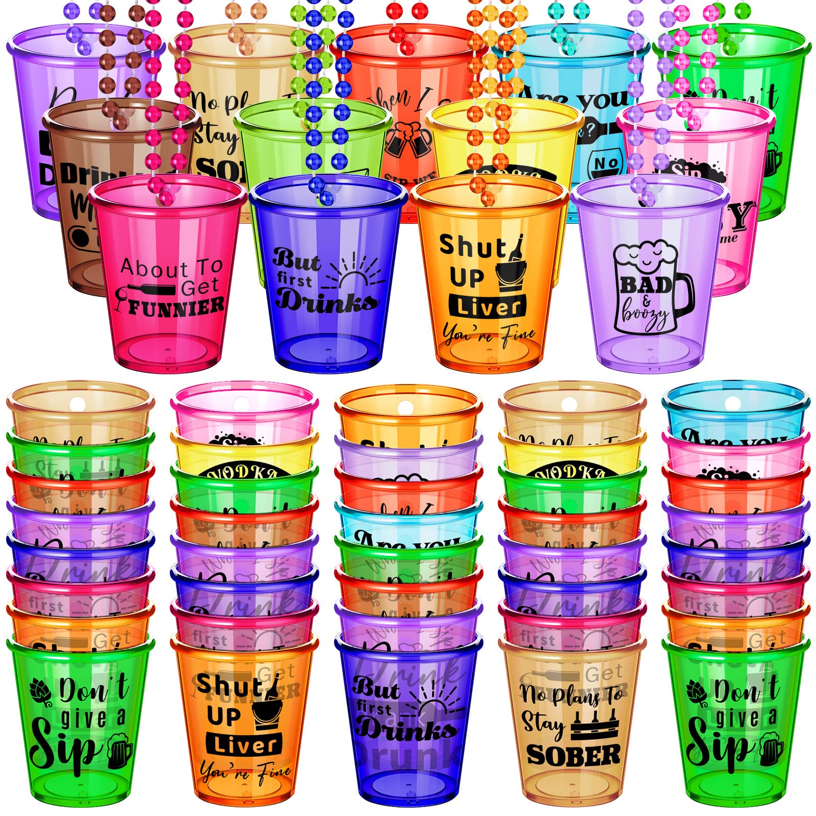 Photo 1 of Janmercy 39 Pieces Shot Glass on Beaded Necklace Plastic Shot Glass Necklaces Beads Necklace Cups Naughty Favors for Adults and Teens Party Supplies, 13 Assorted Styles